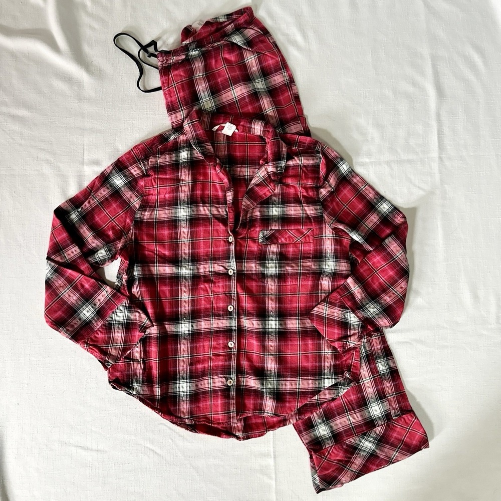 Victoria's Secret Pajama Set Womens Large Red Plaid Flannel Button Top Pants